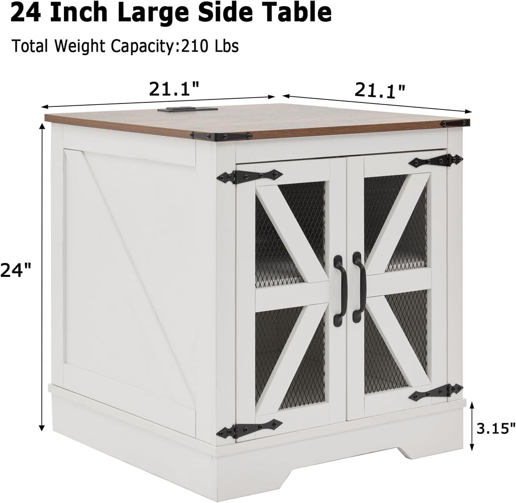 White Farmhouse End Table Set of 2, 21' Wood Sofa Side Table with Charging Station, Rustic Nightstand with Mesh Barn Door for Living Room, Square