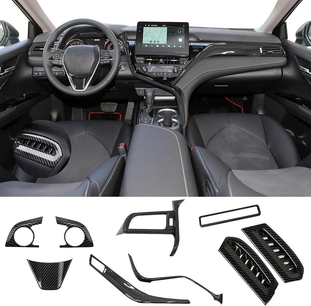 For Toyota Camry LE SE XLE XSE 2021- 2024 Models Carbon Fiber Black plastics ABS Full Set of Car Interiors Instrument Panel Center Console Trim Air Outlet Steering Wheel Cover Car Accessories 9pcs
