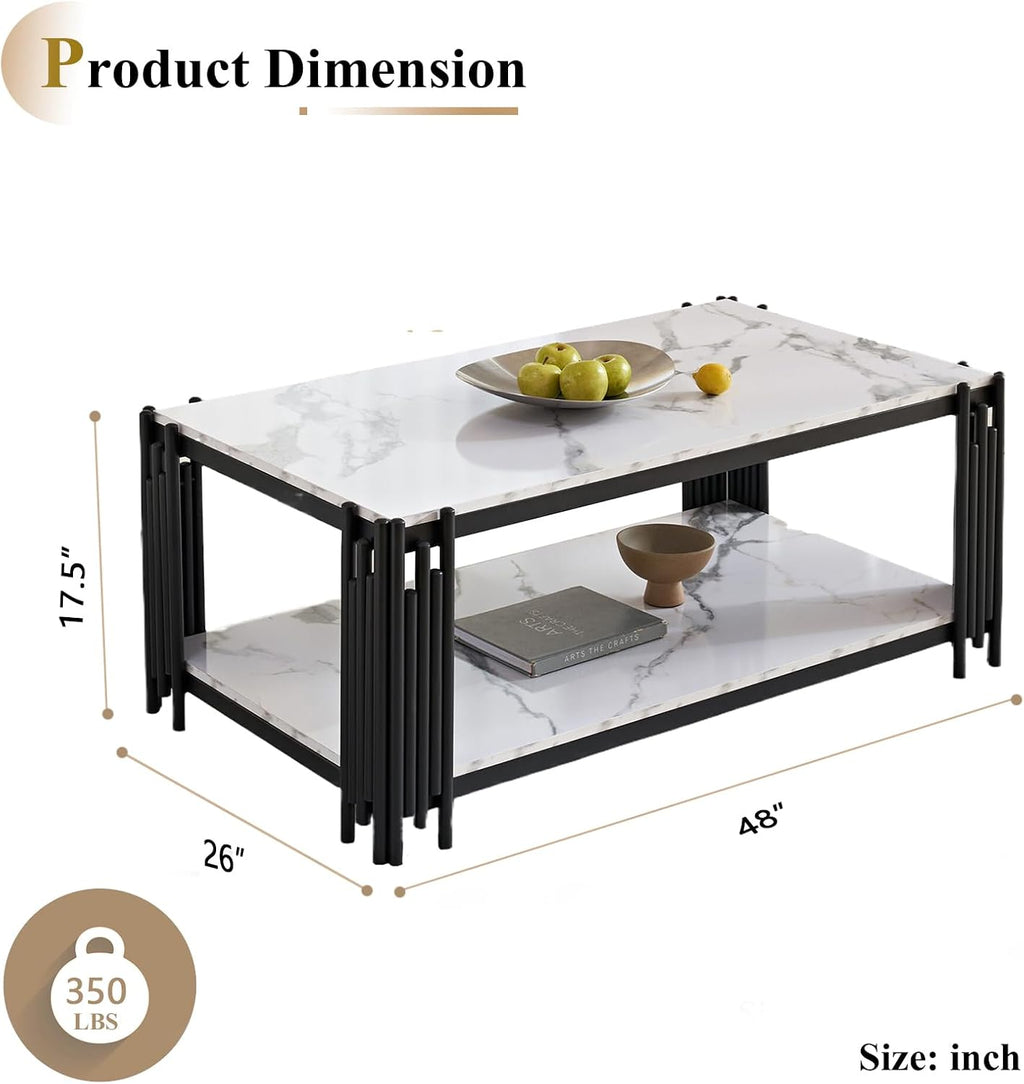 48' Rectangle White Marble Coffee Table Luxury 2-Tier Center Coffee Table with Black Metal Frame Modern Living Room Table Elegant Accent Cocktail Tea Table with Storage Shelves