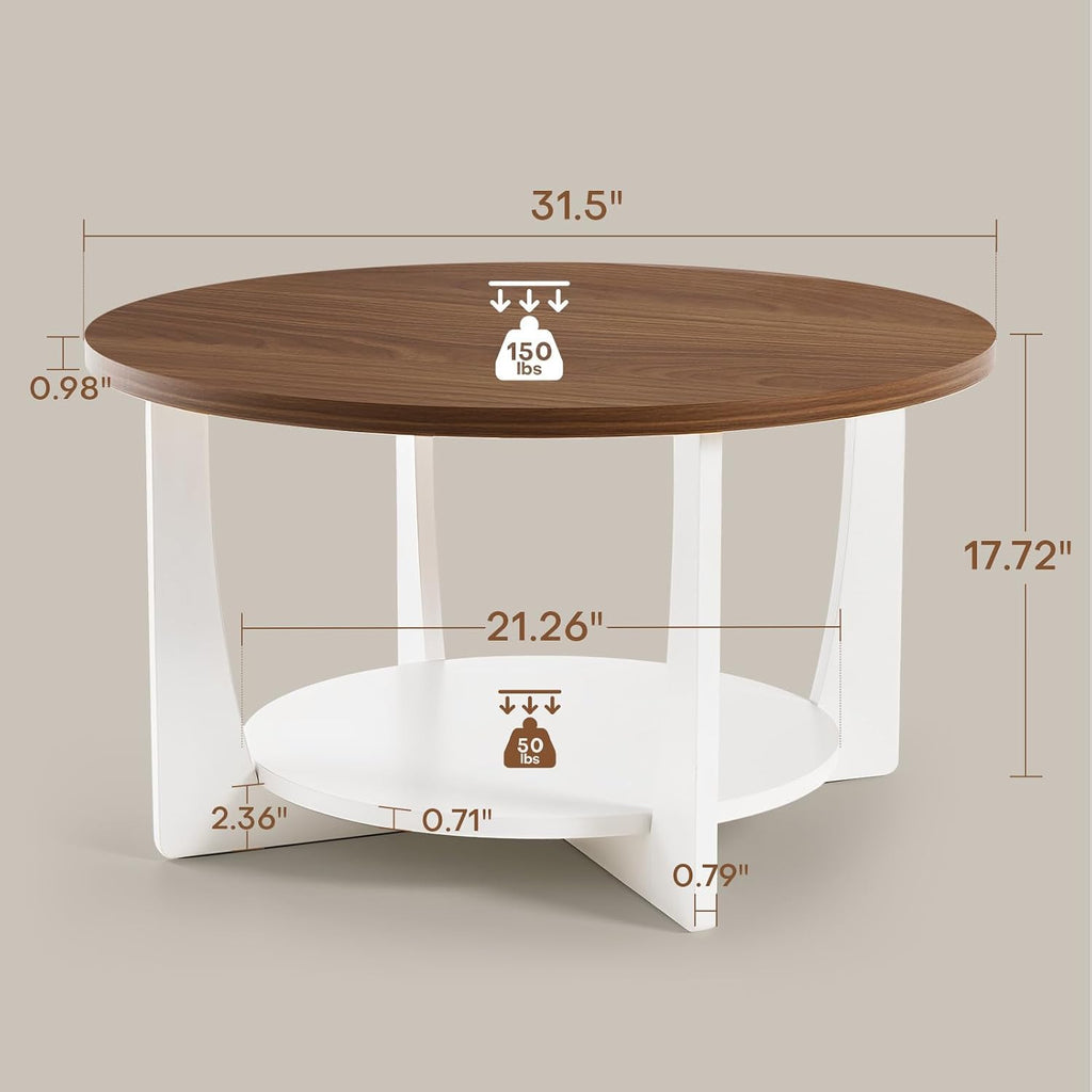BECHAEO 31.5'' Round Coffee Table with Solid Wood Pine Legs, 2-Tier Rustic Coffee Table with Storage Shelf, Small Modern Wood Circle Center Table for Living Room