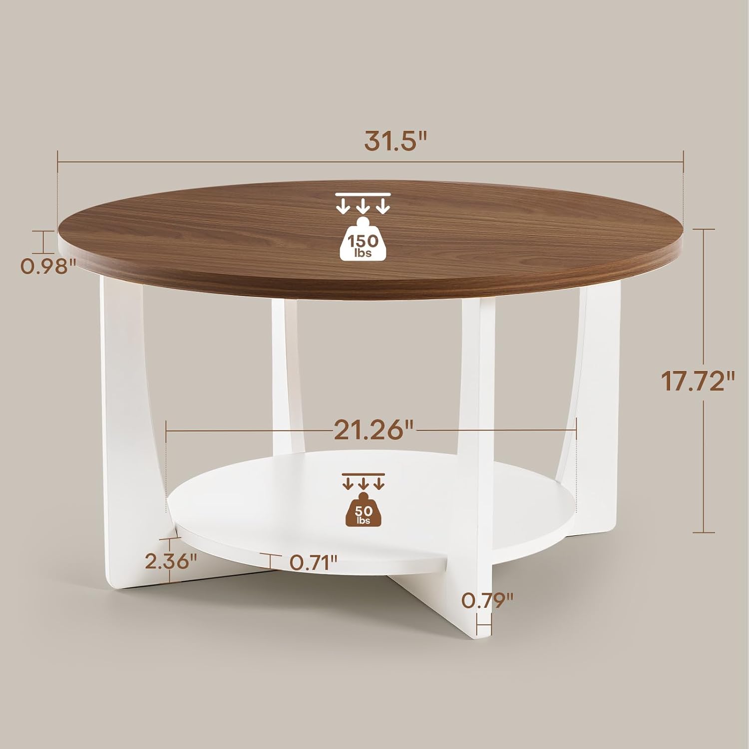 BECHAEO 31.5'' Round Coffee Table with Solid Wood Pine Legs, 2-Tier Rustic Coffee Table with Storage Shelf, Small Modern Wood Circle Center Table for Living Room