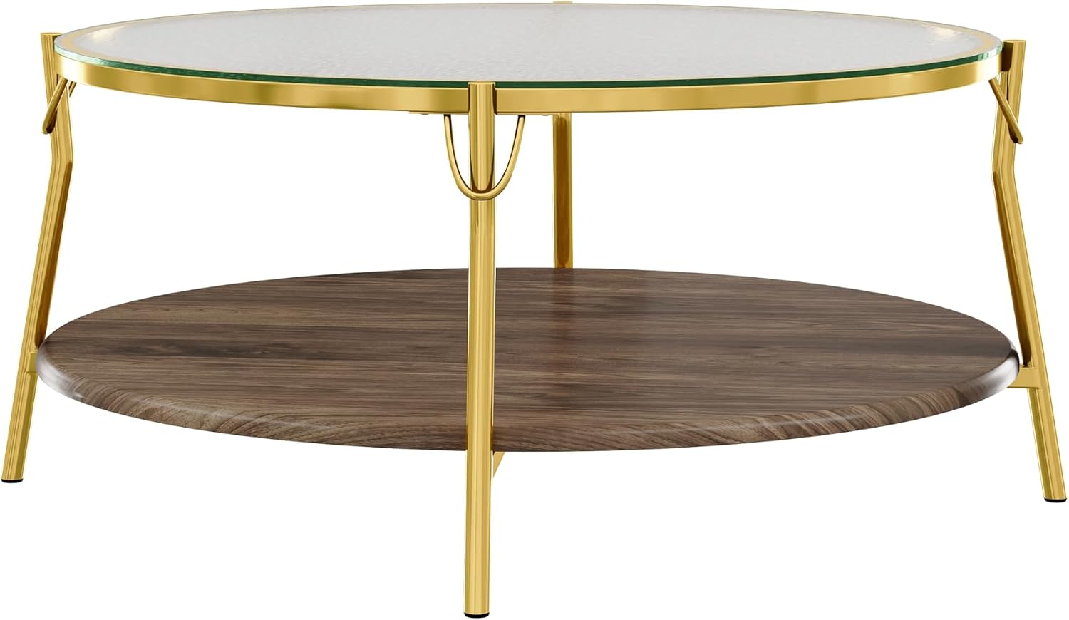 32.7'' Tempered Glass Round Coffee Table for Living Room, 2-Tier Modern Circle Coffee Table, Glass Tabletop & Metal Base, Easy Assembly, Gold & Walnut