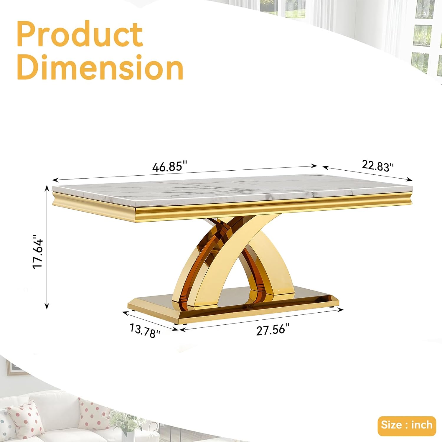 Modern Rectangle Coffee Table, 47-inch Coffee Tables for Living Room, White Faux Marble Coffee Table Accent Cocktail Table with Gold Stainless Steel X-Shape Frame for Home Office