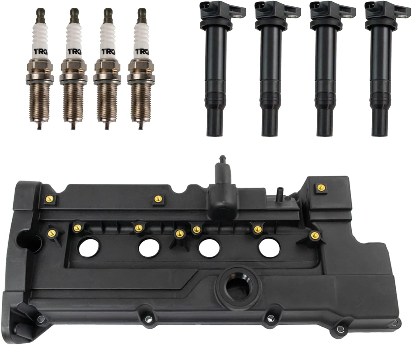 TRQ Ignition Coil and Spark Plug Kit 4 Piece Iridium Spark Plugs Compatible with 2007-2011 Hyundai Accent 2009-2011 Kia Rio 2009-2011 Rio5