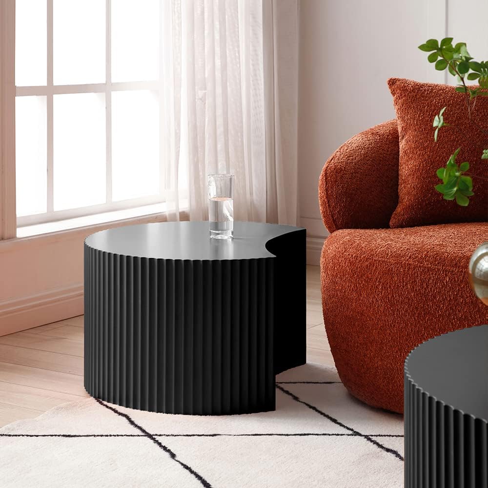 WILLIAMSPACE Nesting Coffee Table Set of 2, Round & Crescent Moon Wooden Coffee Tables, Modern Luxury Accent End Tea Table for Living Room Apartment (Black-Round)