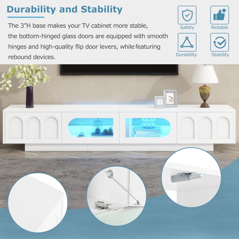 86.6' LED TV Stand with Fluted Tempered Glass Doors for TVs Up to 95'', Functional Media Console Entertainment Center with Arched Cabinet Doors (White)