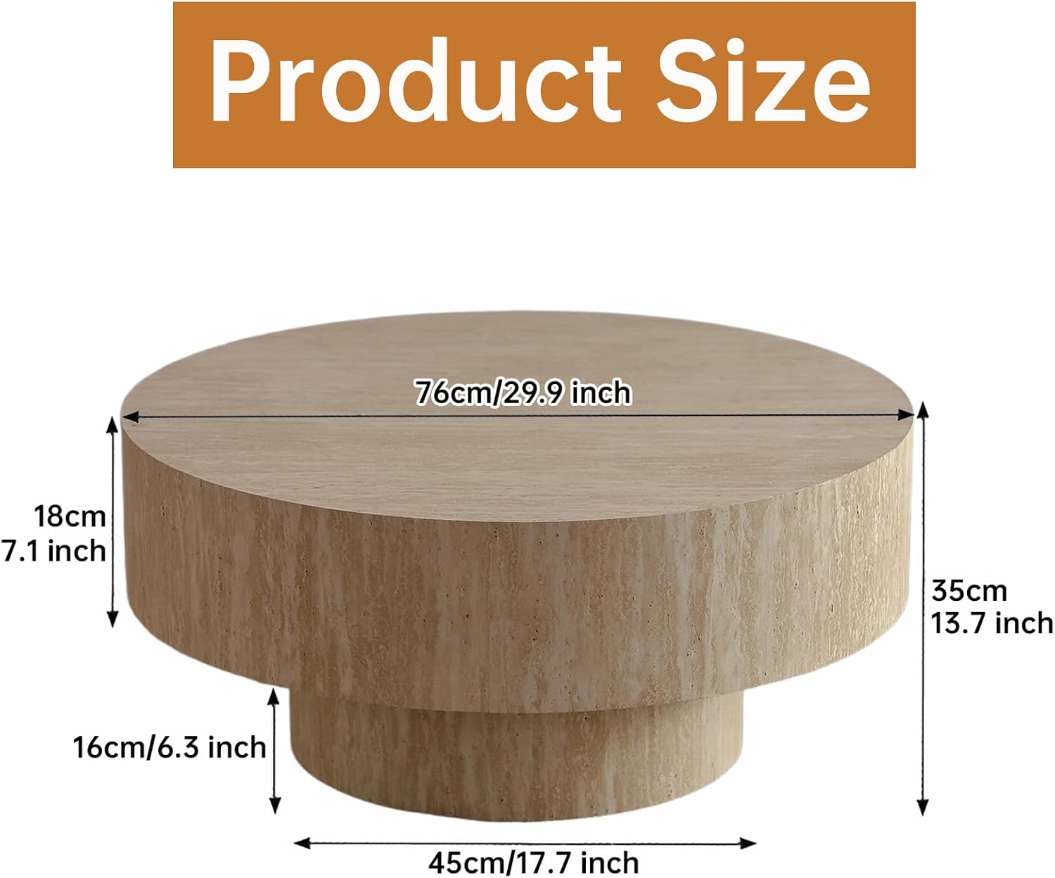 Round Travertine Coffee Table, with Large Tabletop & Base, Mid Century Rustic Circle Wood Center Table for Living Room Farmhouse Apartment, Easy Assembly (A)