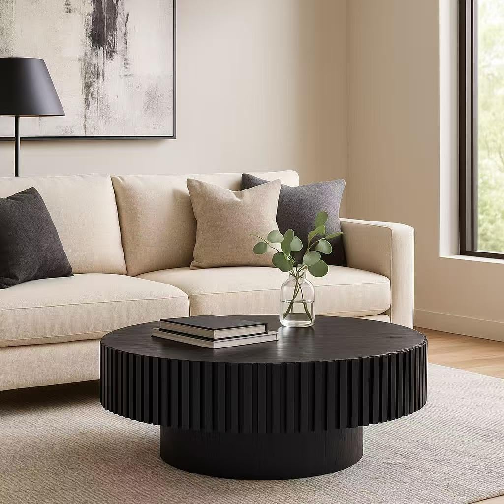 31.5' Round Coffee Table for Living Room, Modern Wooden Coffee Table Circle Center Table with Solid Wood Veneered, Easy Assembly, Black