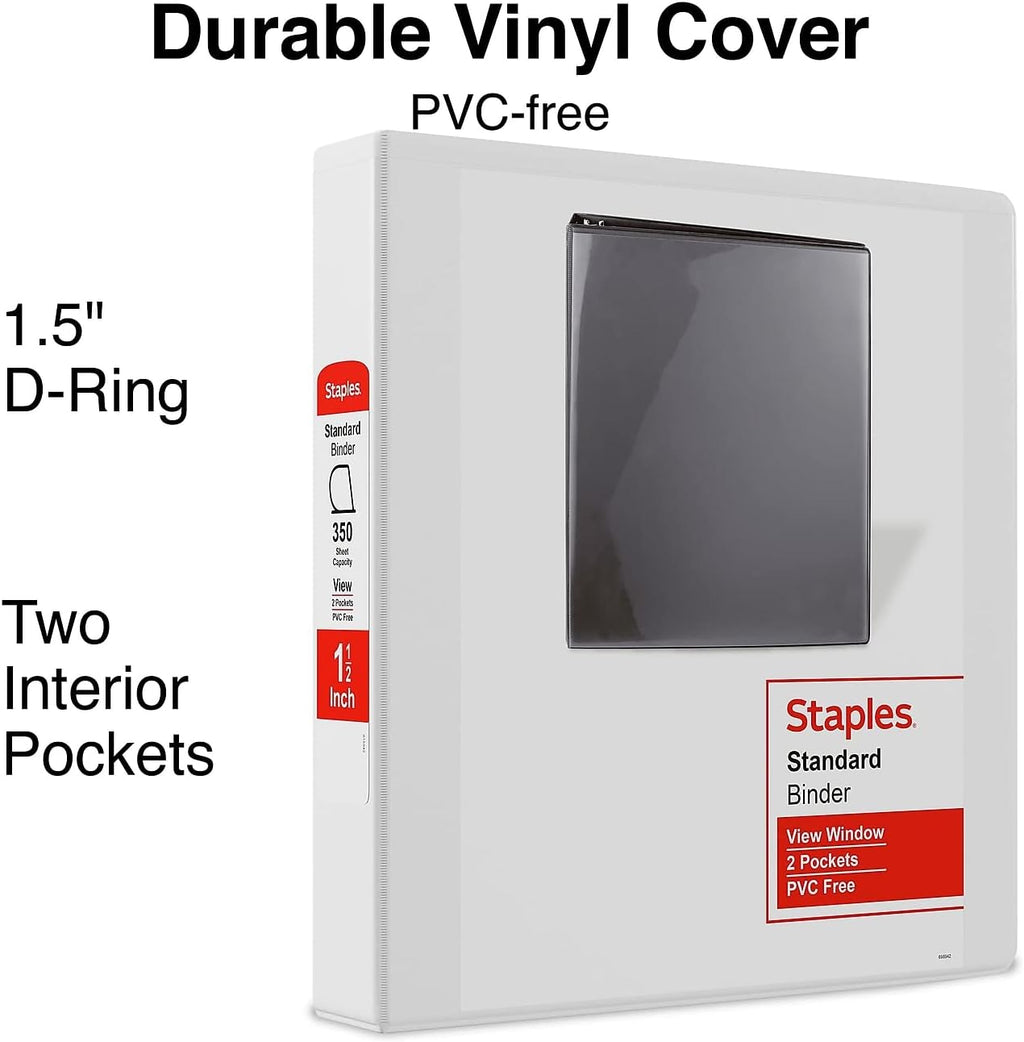 Staples 3‑Ring Binder, 1.5' D‑Ring, White, Mid‑Capacity Organizer for Home, Office & School, Holds up to 350 Sheets, 12‑Pack