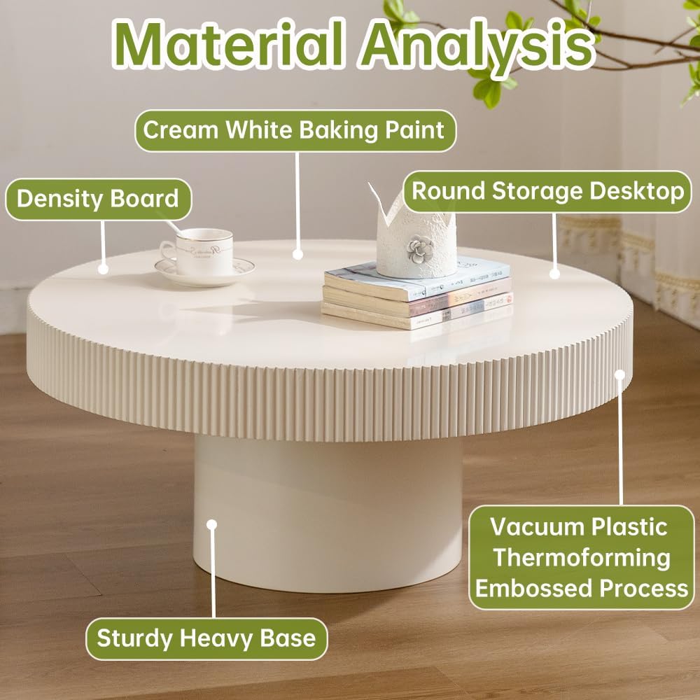 Round Fluted Coffee Table Round Drum Coffee Table for Living Room Modern Circular Pedestal Center Table (Circle Ivory White 30.7in)