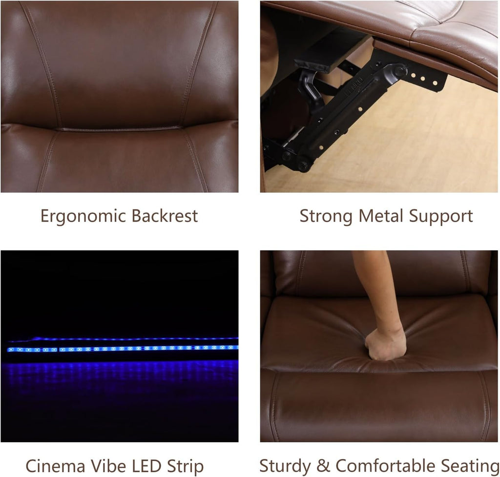 Leather Power Recliner Chair, Reclining Sofa Chair with Padded Backrest, Single Home Theater Seating with Light Strip, Classic Brown Recliner Furniture for Living Room/Office/RV, Brown