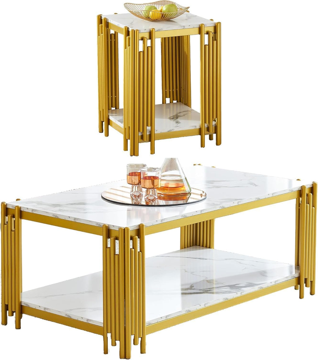 White Marble Coffee Table Set - 2 Piece Luxury Living Room Table Set with Faux Marble Top and Chrome Metal I-Base