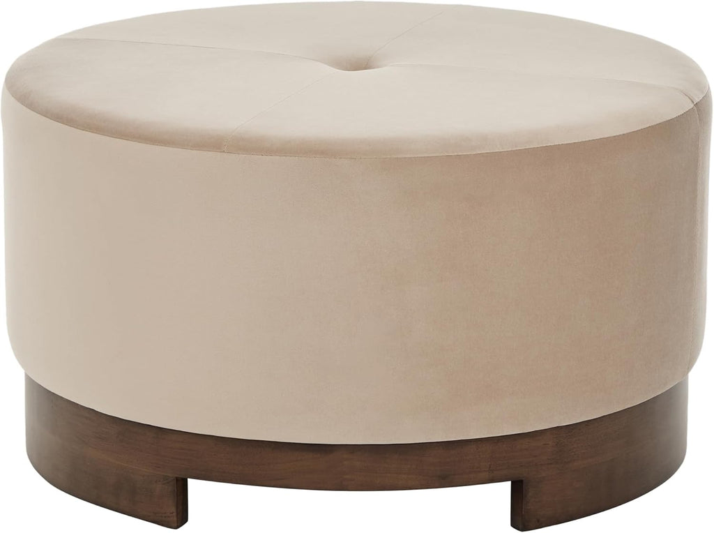 Christopher Knight Home Monroe Velvet Upholstery Round Ottoman, Living Room Sofa Ottoman with Wood Frame, Accent Small Foot Stool, Round Coffee Table, No Assembly Needed, Camel + Dark Walnut