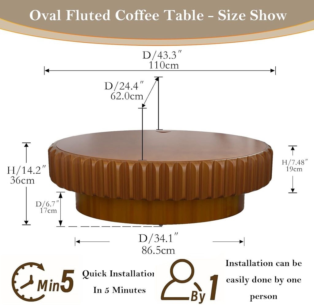Chic Drum Coffee Table with Storage 43.3' Rustic Oval Center Table - Solid Wood Fluted Veneer Easy Assemble for Living Room Apartment (D 43.3in)