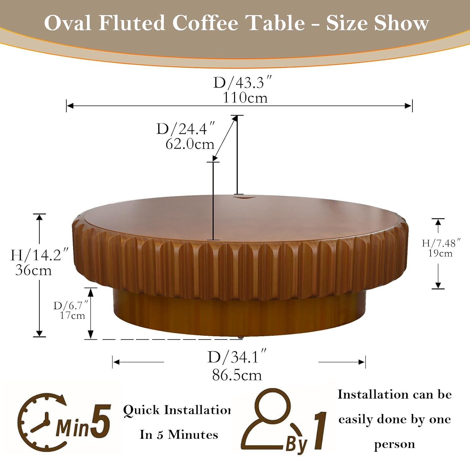 Chic Drum Coffee Table with Storage 43.3' Rustic Oval Center Table - Solid Wood Fluted Veneer Easy Assemble for Living Room Apartment (D 43.3in)