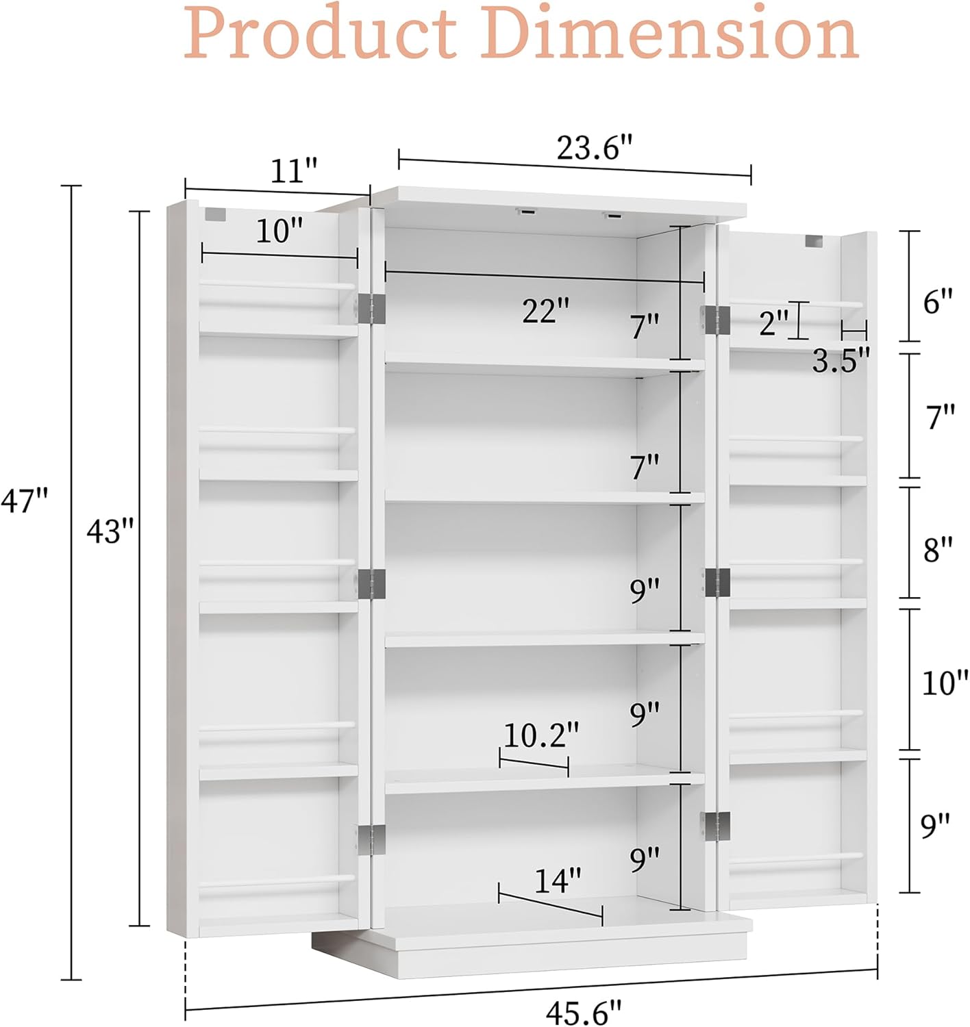 47in Kitchen Pantry Cabinet, Wood Kitchen Storage Pantry Cabinets Freestanding Pantries Cabinets with Doors & Adjustable Shelves, White