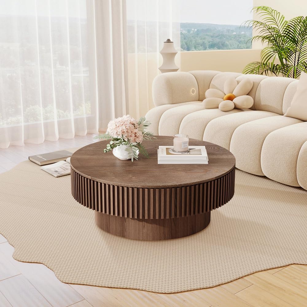 31.5'' Round Coffee Table for Living Room, Fluted Coffee Table with Hidden Storage, Solid Wood Veneered Circle Table, Modern Tea Table for Small Space Apartment (Walnut-31.5''D×14''H)