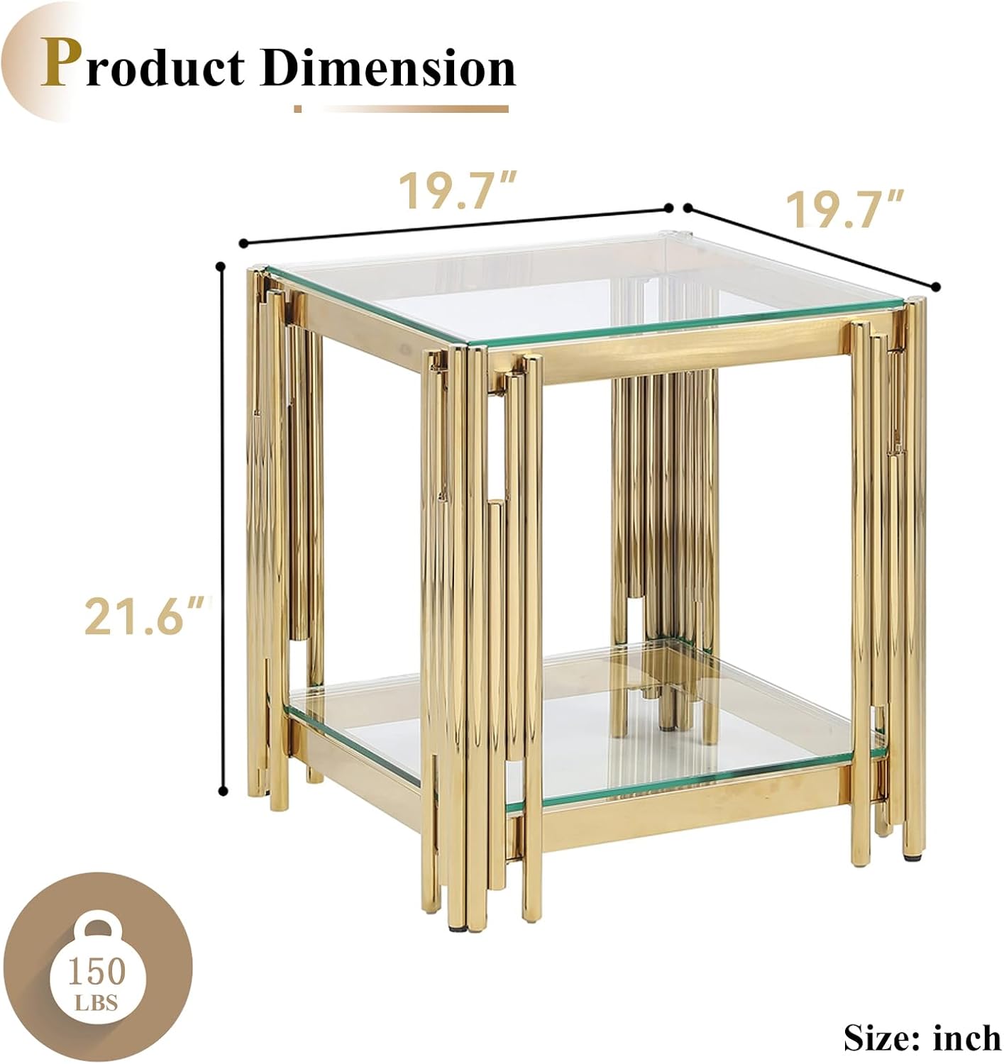 Modern Glass End Table, 20' Suqare Side Table with Gold Mirrored Stainless Steel Frame, 2-Tier Clear Glass End Table Nightstand Pedestal Stand Lamp Table for Living Room, Bedroom, Office