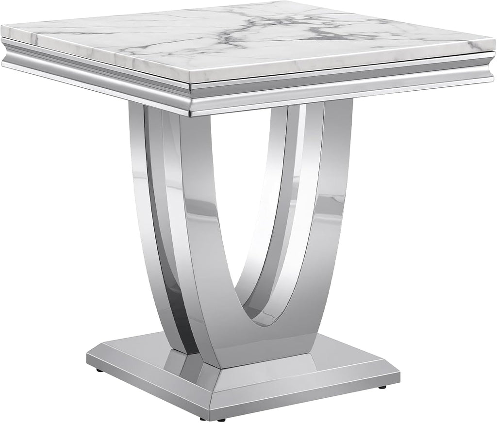 Modern Marble End Table,22' Suqare Side Table with Silver U-Shape Stainless Steel Base,Luxury White Faux Marble End Table Nightstand Pedestal Stand Lamp Table for Hallway, Living Room, Bedroom