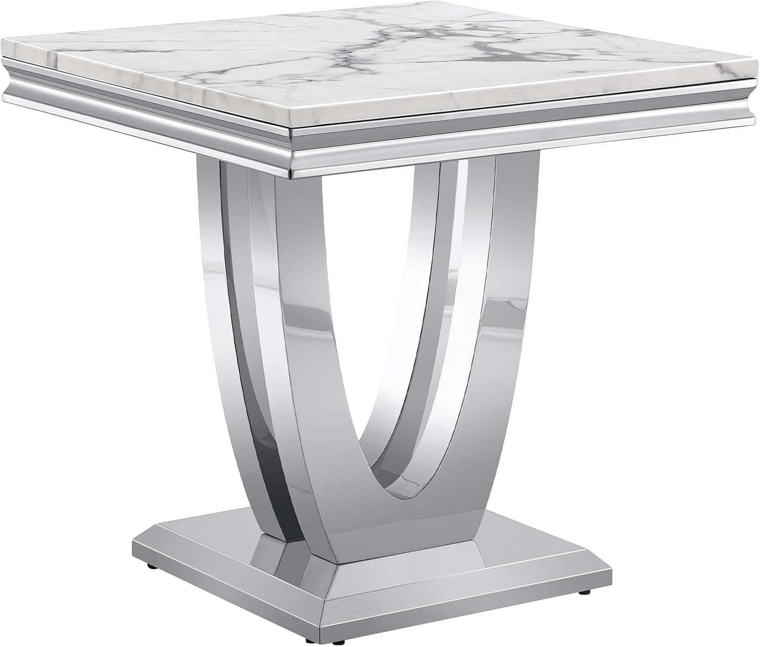 Modern Marble End Table,22' Suqare Side Table with Silver U-Shape Stainless Steel Base,Luxury White Faux Marble End Table Nightstand Pedestal Stand Lamp Table for Hallway, Living Room, Bedroom