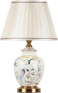 Chinoiserie Ceramic Table Lamp, American Flower&Bird LED Bedside Lamp, Classic White Fabric Lampshade Desk Nightstand Lamp for Bedroom Living Room Office College Bookcase