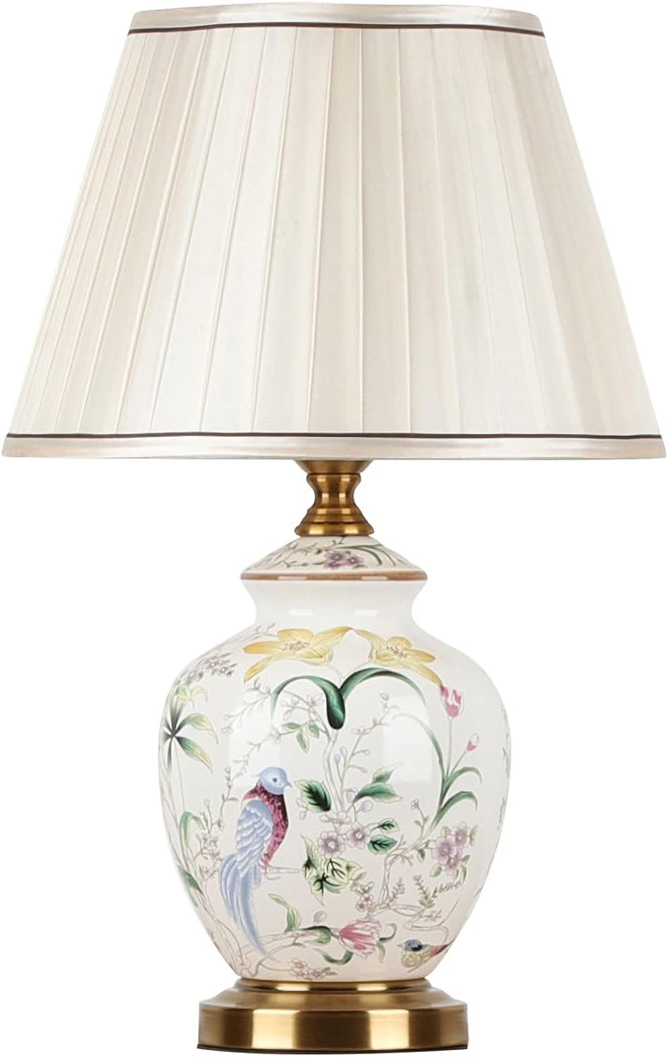 Chinoiserie Ceramic Table Lamp, American Flower&Bird LED Bedside Lamp, Classic White Fabric Lampshade Desk Nightstand Lamp for Bedroom Living Room Office College Bookcase