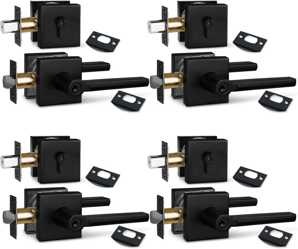 NEWBANG (4Pack) Square Heavy Duty Keyed Entry Combo with deadbolt and Lever Door Handle in Matte Black (for Entrance/Exterior/Front/Office Door) Left or Right Handed