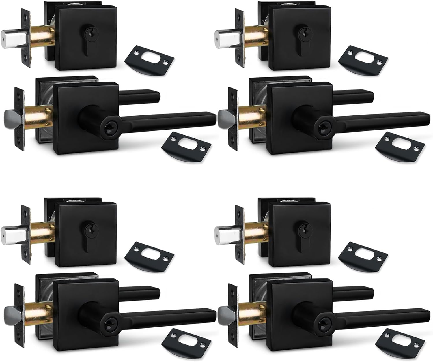 NEWBANG (4Pack) Square Heavy Duty Keyed Entry Combo with deadbolt and Lever Door Handle in Matte Black (for Entrance/Exterior/Front/Office Door) Left or Right Handed