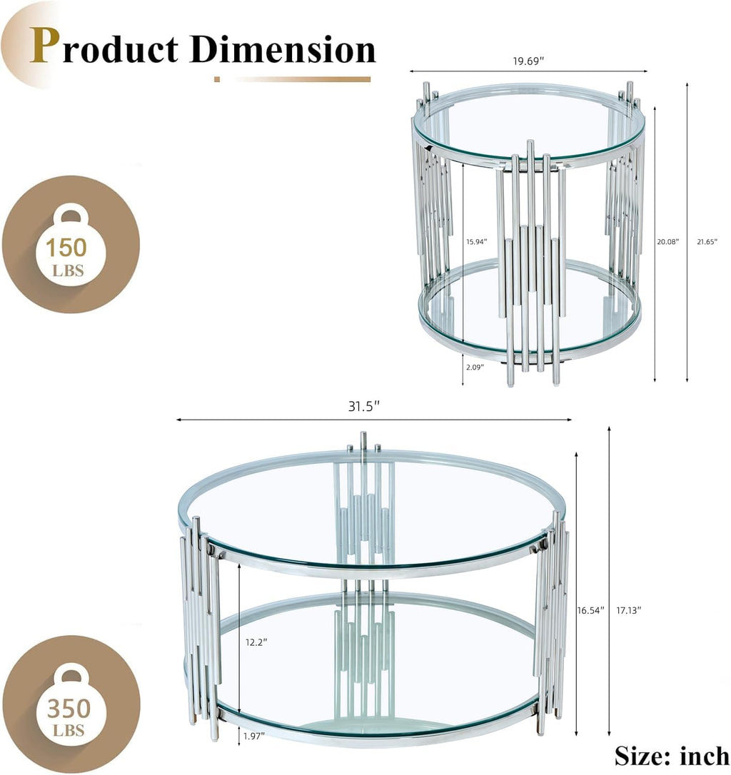 Round Coffee Table Set of 2 Modern Circle Glass Coffee and End Table Sets with Stainless Steel Frame 2 Pieces Living Room Center Table Sofa Side Table for Home Office