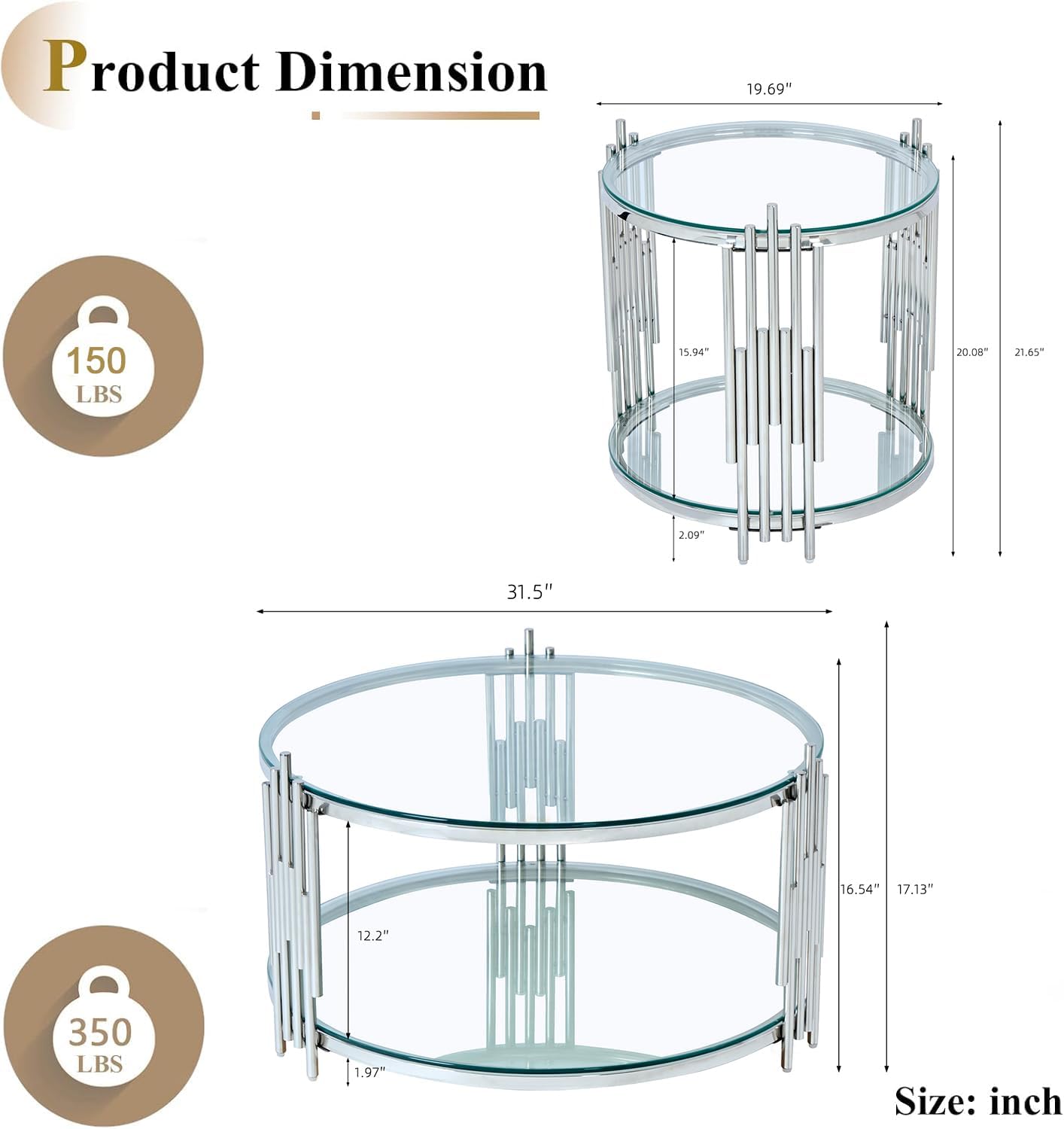 Round Coffee Table Set of 2 Modern Circle Glass Coffee and End Table Sets with Stainless Steel Frame 2 Pieces Living Room Center Table Sofa Side Table for Home Office