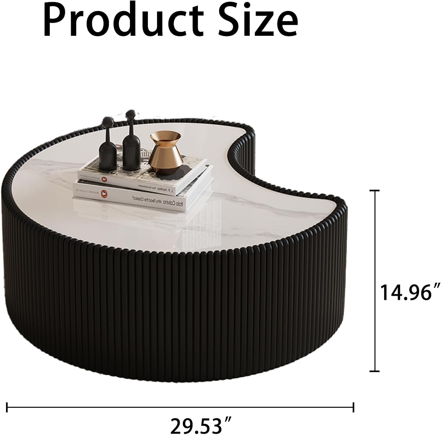 29.53' Marble Coffee Table, Modern Creative Moon Coffee Table with Sintered Stone Top and PU Leather Covered, Black Fluted Cocktail Center Tea Coffee Tables for Living Room,No Need Assembly