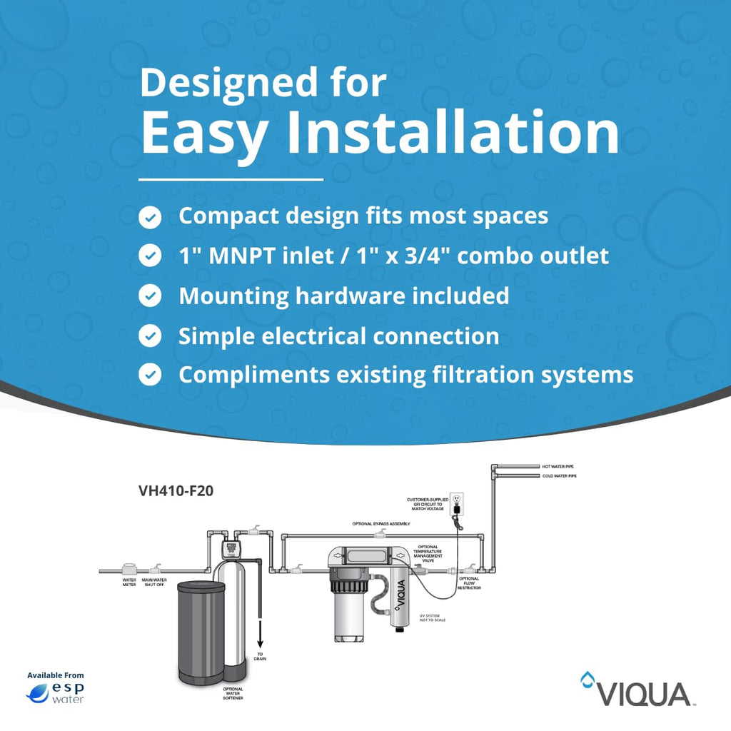 Viqua VH410-F20 UV Home Water Treatment System with Integrated Pre-Filter, 18 GPM for Whole House and Light Commercial Filtration, Stainless Steel 3/4 MNPT 120V for Sediment Rust Removal