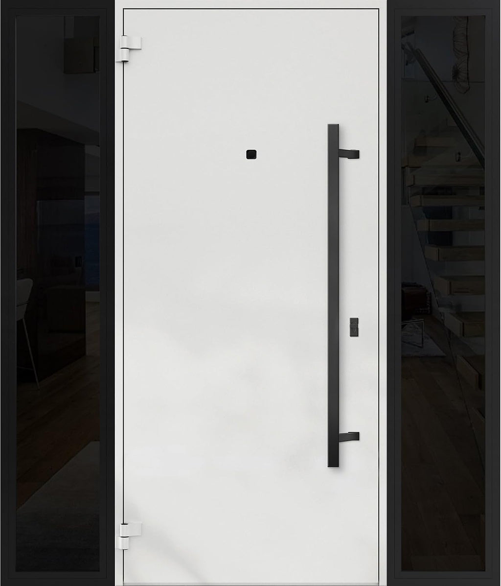 VDOMDOORS Front Exterior Prehung Steel Door/Deux 6078 Black Enamel / 2 Side Exterior Windows Sidelites/Entry Metal Modern Painted W12+36+12' x H80 Right Hand Inswing