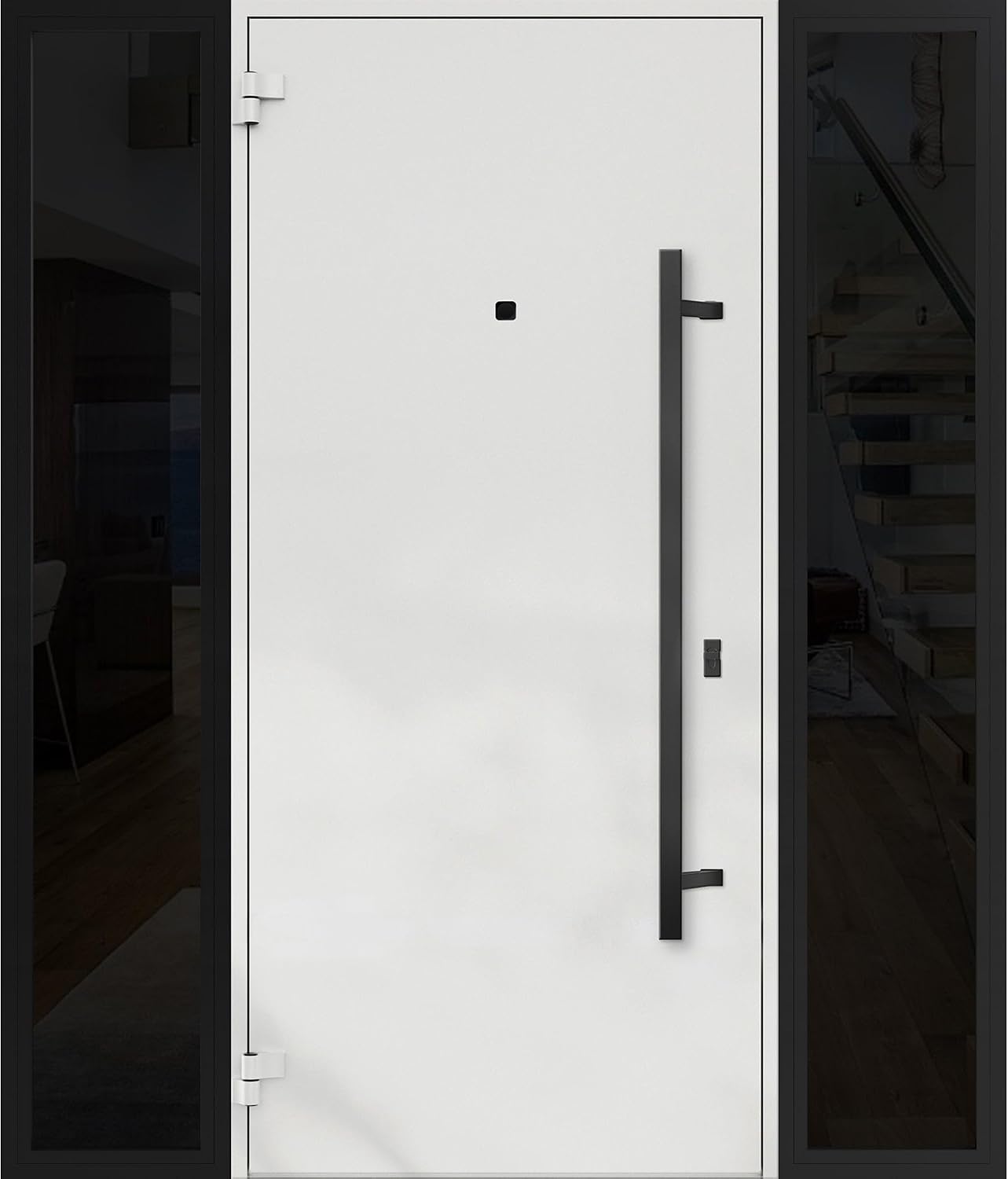 VDOMDOORS Front Exterior Prehung Steel Door/Deux 6078 Black Enamel / 2 Side Exterior Windows Sidelites/Entry Metal Modern Painted W12+36+12' x H80 Right Hand Inswing