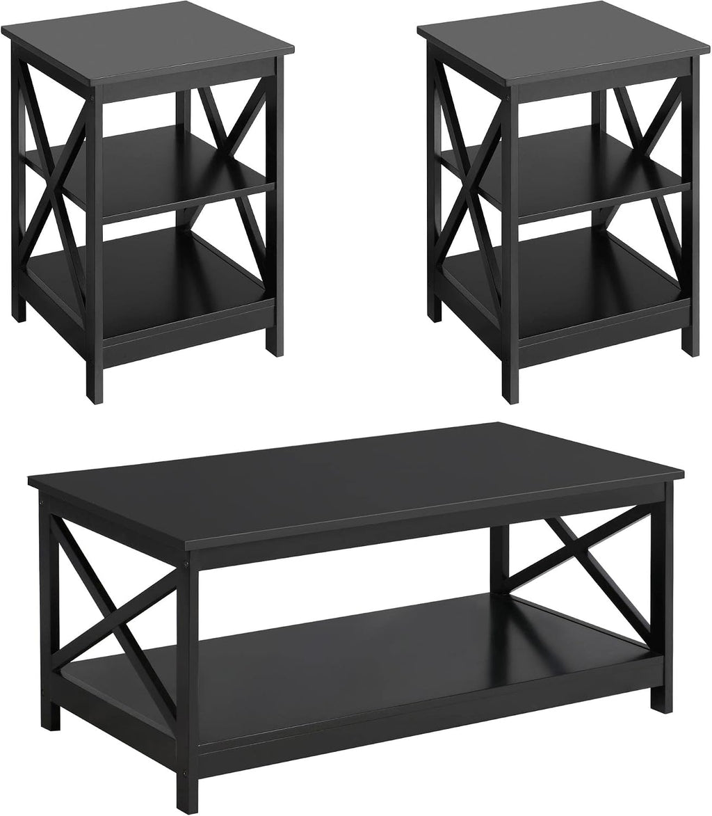 Topeakmart Living Room Table Set of 3, X-Design Occasional Set with 1 Coffee Table and 2 Sofa Side End Tables, Black