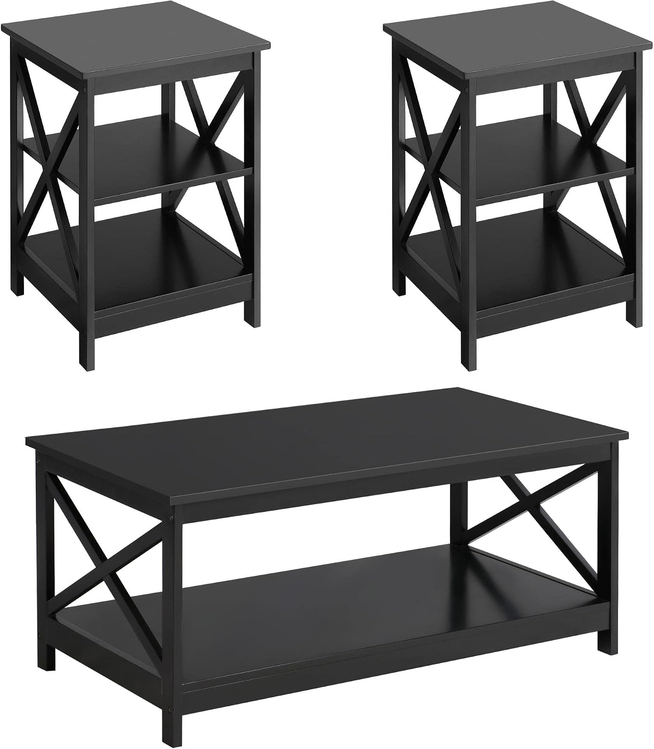Topeakmart Living Room Table Set of 3, X-Design Occasional Set with 1 Coffee Table and 2 Sofa Side End Tables, Black