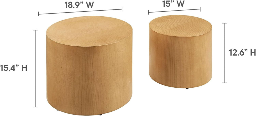Modway Amani Nesting Coffee Table Set of 2 in Natural - Modern Round Drum Tables - Stackable End Tables for Small Spaces - Circle Side Table Set for Living Room