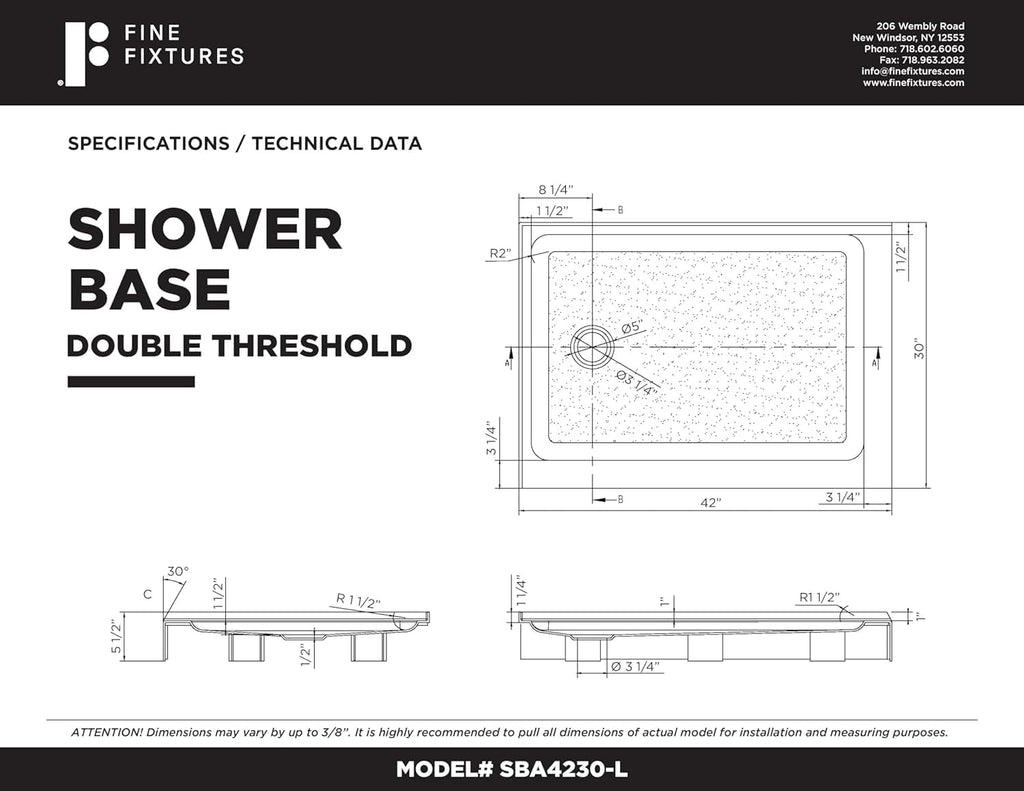Fine Fixtures 42' x 30' Double Threshold Acrylic Shower Base with Non-Slip Textured Surface Left Hand Flange and Drain - Durable White Shower Floor Pan for Safe, Reliable Bathroom Use