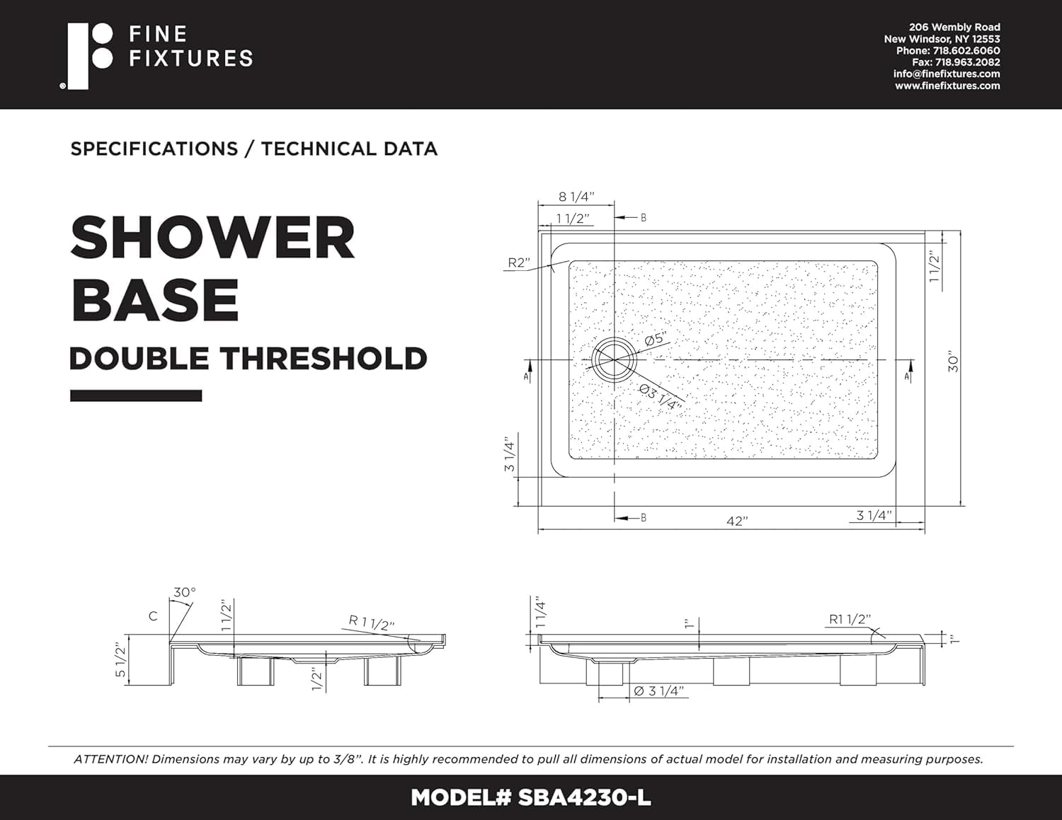 Fine Fixtures 42' x 30' Double Threshold Acrylic Shower Base with Non-Slip Textured Surface Left Hand Flange and Drain - Durable White Shower Floor Pan for Safe, Reliable Bathroom Use