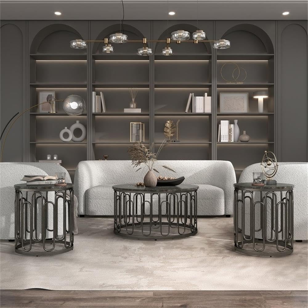BOWERY HILL Marble and Metal 3-Piece Coffee Table Set, Black Finish, Includes Round Marble Coffee Table 36 in and 2 End Tables 20 in, Sturdy Decorative Iron Base, Contemporary Style Living Room