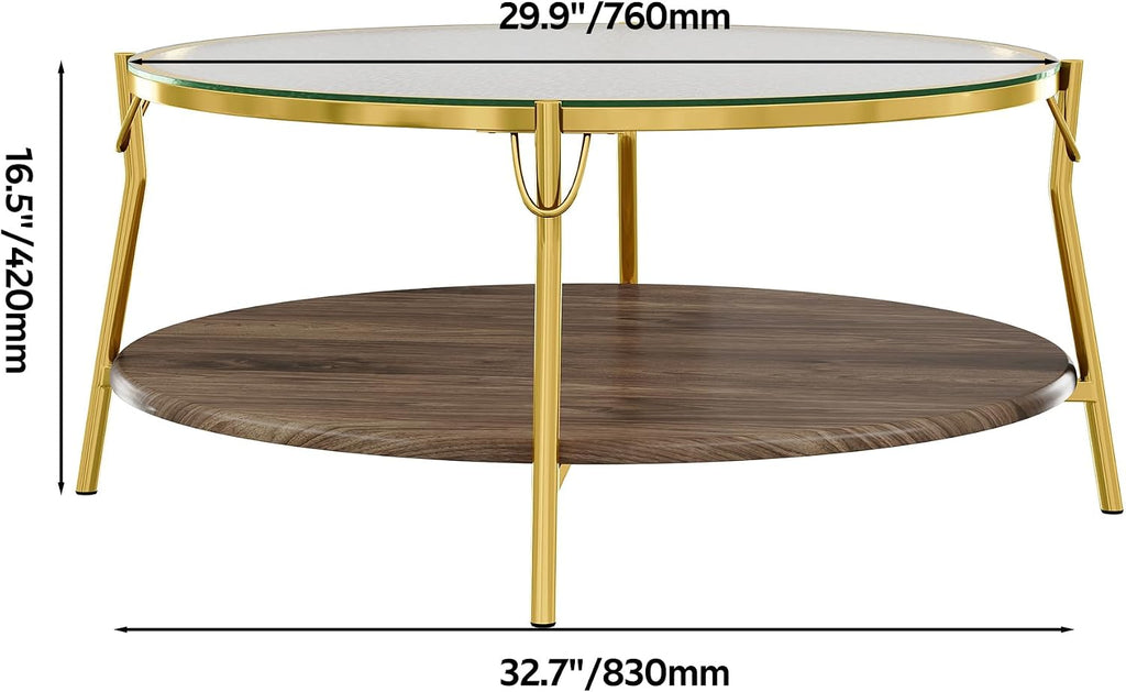 32.7'' Tempered Glass Round Coffee Table for Living Room, 2-Tier Modern Circle Coffee Table, Glass Tabletop & Metal Base, Easy Assembly, Gold & Walnut