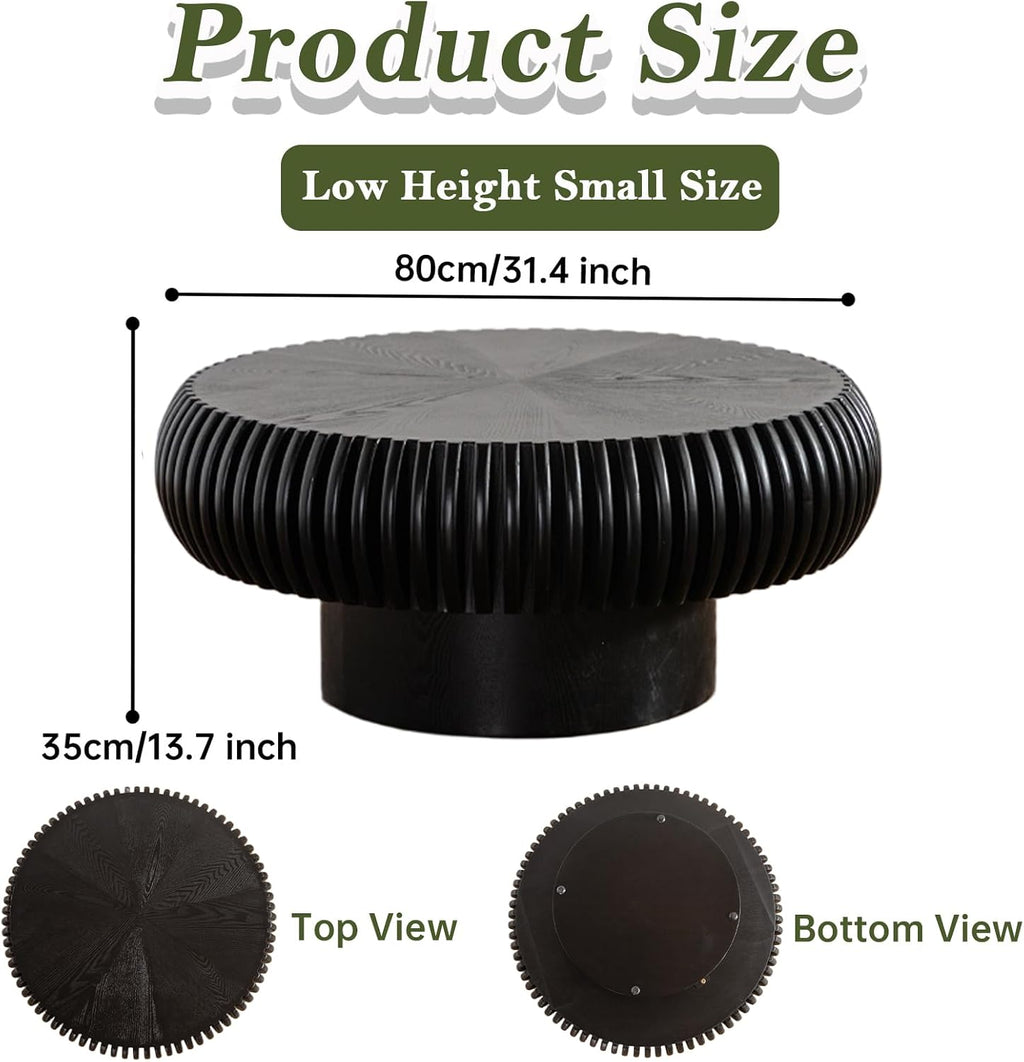 Round Fluted Drum Coffee Table Modern Round Black Fluted Coffee Table Low Circle Coffee Tables for Living Room (Black A, 31.4')