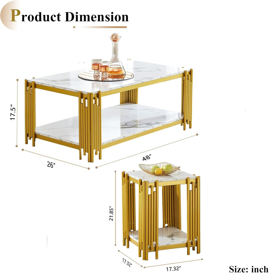 Elegant Marble Coffee Table Set of 3 White Faux Marble Coffee Table End Table Set with Gold Metal Frame 3 Piece Living Room Table Set with 1 Rectangle Coffee Table & 2 Square Side Table