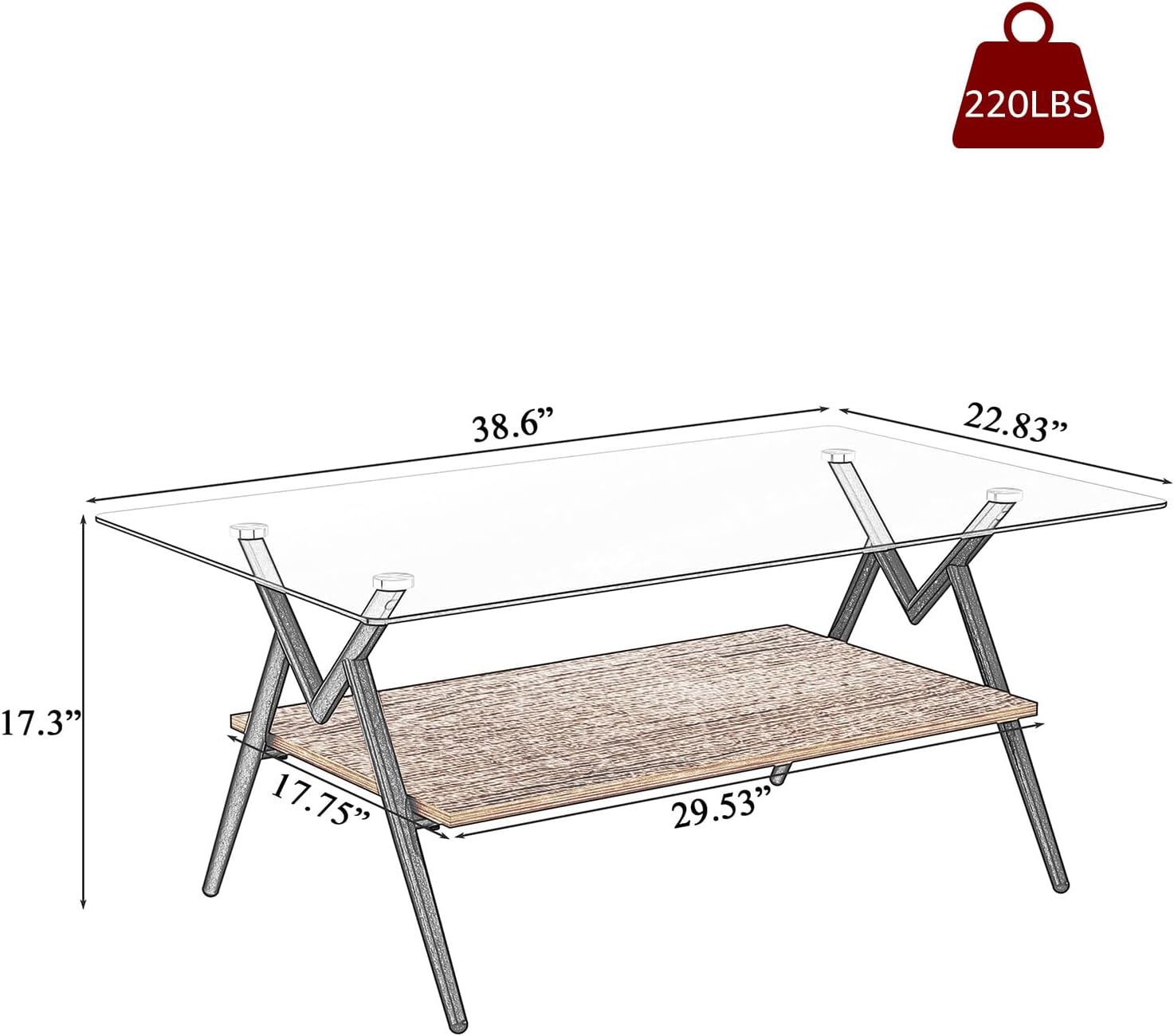 ODUSE-DAILY Coffee Table and End Table 3 Piece Living Room Set, Black Metal Frame Glass Top End Tables, Square Top Shelf, Sofa or Couch Side Tables, Mesa de Centro para Sala (3 Pcs)
