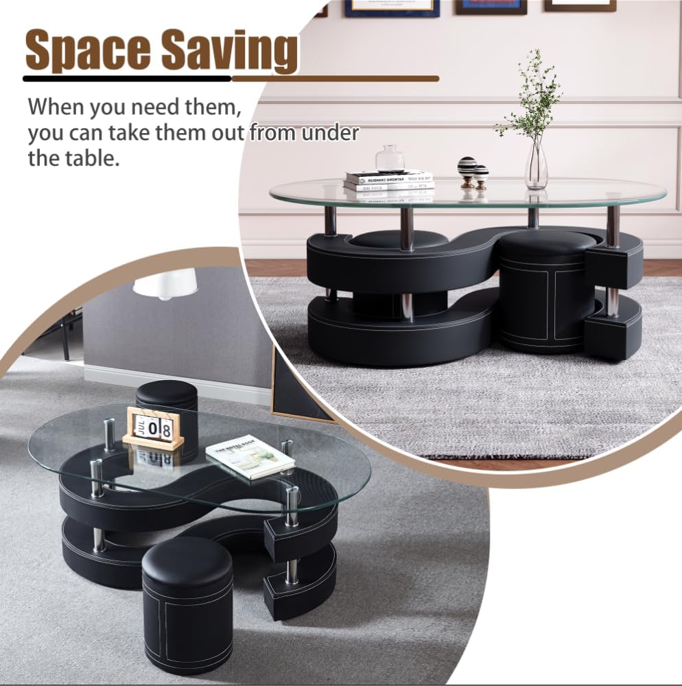 Glass Coffee Table Set with 2 Stools, 49' Oval Coffee Table and 2 Leather Stools, Modern Glass Center Table for Living Room, Home Office