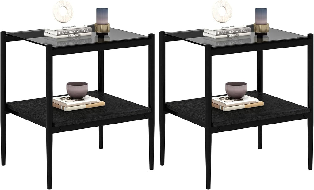 Grey Glass Coffee Table Sets of 3 Modern Living Room Table Set End Tables with Black Metal Legs and Wood Bottom Shelf, Center Cocktail Furniture (Grey Black)