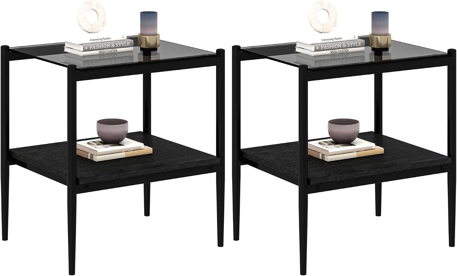 Grey Glass Coffee Table Sets of 3 Modern Living Room Table Set End Tables with Black Metal Legs and Wood Bottom Shelf, Center Cocktail Furniture (Grey Black)