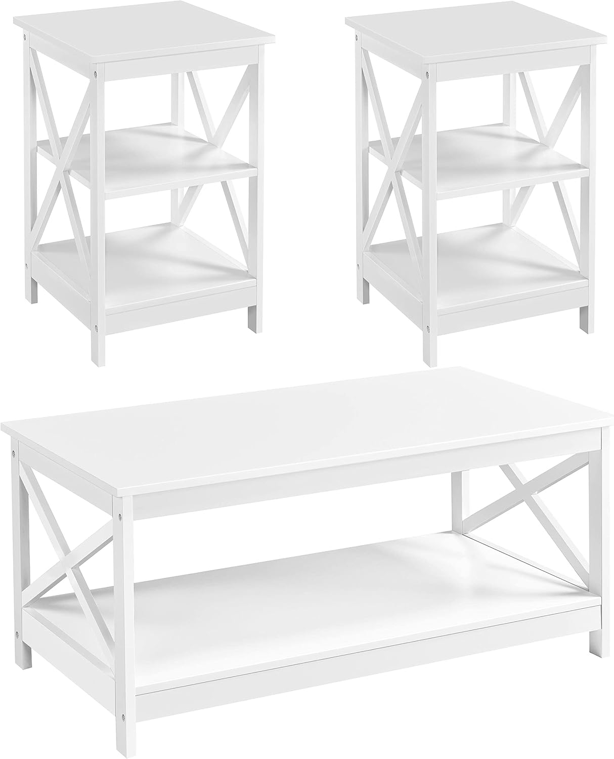 Topeakmart Modern Wood 3-Piece Table Set - Includes 1 Coffee Table w/Shelf & 2 x 3-Tier X Shape Sofa Side End Tables, Living Room Accent Furniture, White