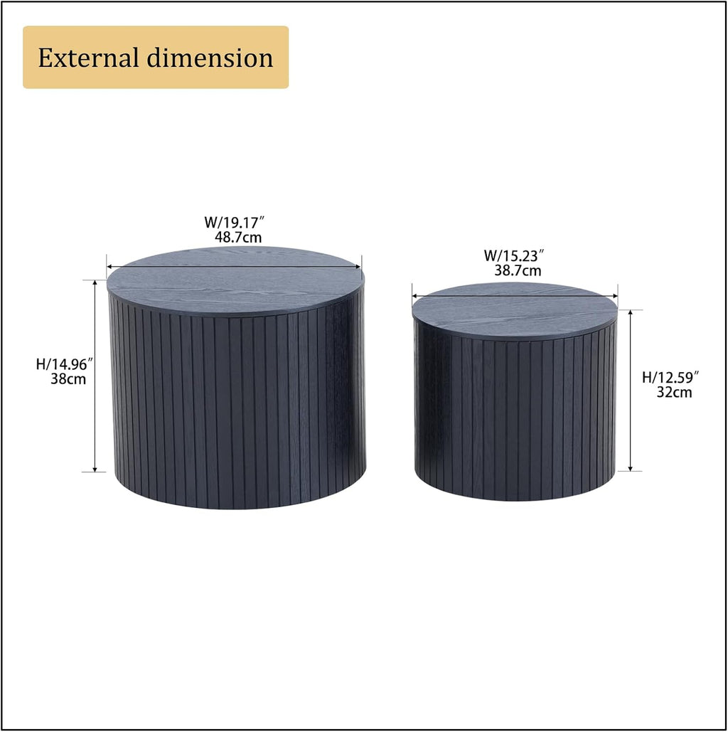 MEETAKING 19Inch Nesting Coffee Table Set of 2,Modern Round Wooden Coffee Tables,Plenty of Storage Space, Natural Wood Veneer,for Small Space Living Room Apartment (Black)