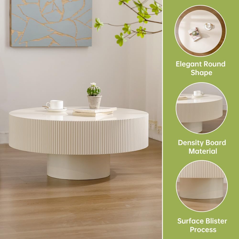 Round Drum Coffee Table White Round Fluted Coffee Table Modern Unique Fluted Drum Coffee Tables for Living Room (Ivory White, 30.9 * 30.9 * 13.8')